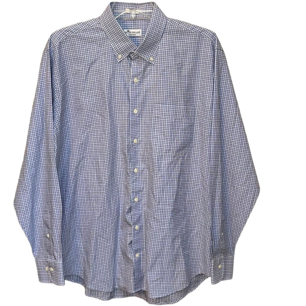 Peter Millar Crown Finish Cotton Long Sleeve Dress Shirt Blue Plaid Size XL